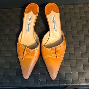 Manolo Blahnik Toggle Kitten Heel Leather Mules